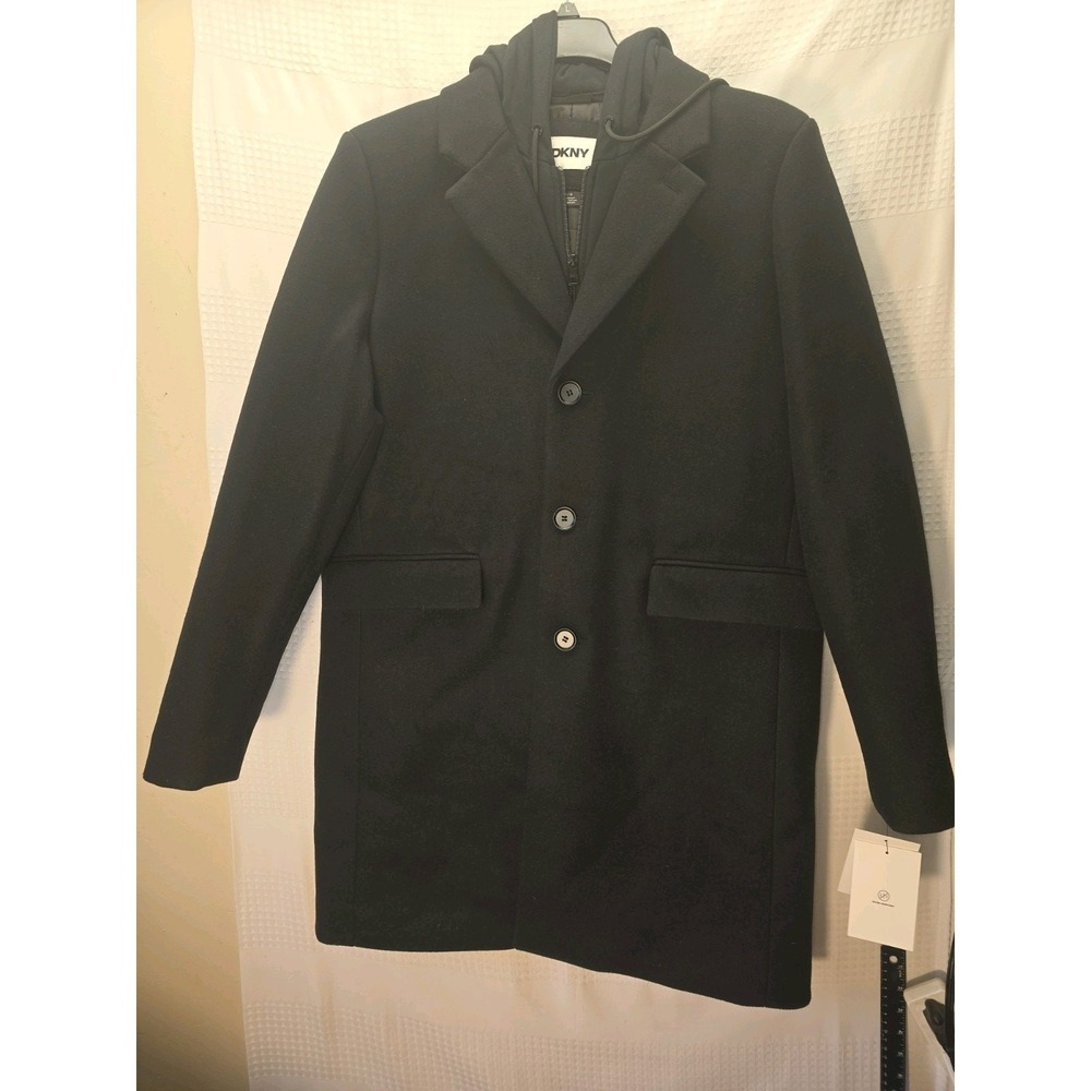 DKNY Mens Wool Blend Black Coat W/Removable Hood Size Medium nwt MSRP $295